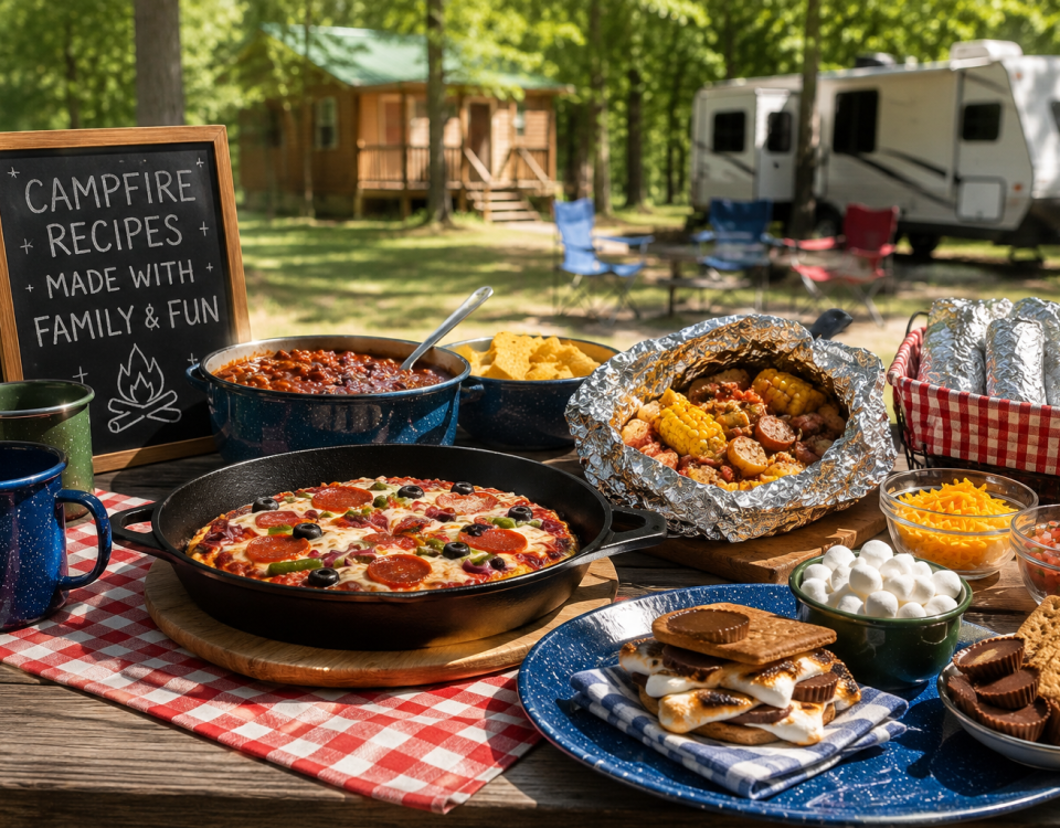 Campfire meal ideas and outdoor cooking setup at Jellystone Park™ Asheboro
