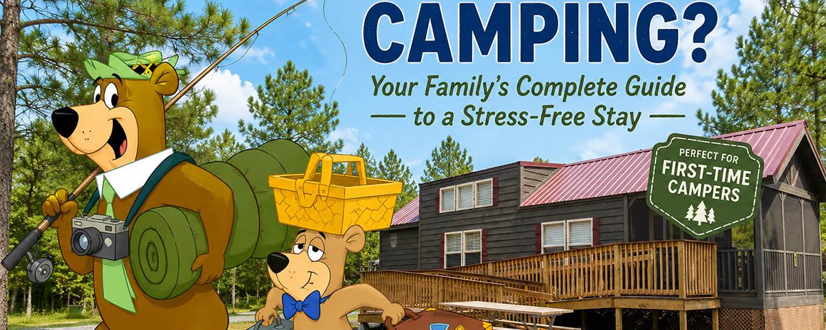 Yogi Bear and Boo Boo arriving at a cabin for a first-time family camping adventure at Yogi Bear's Jellystone Park Camp-Resort in Asheboro, North Carolina