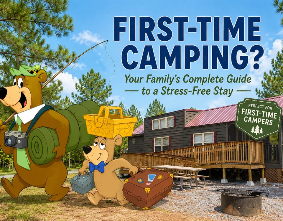 Yogi Bear and Boo Boo arriving at a cabin for a first-time family camping adventure at Yogi Bear's Jellystone Park Camp-Resort in Asheboro, North Carolina