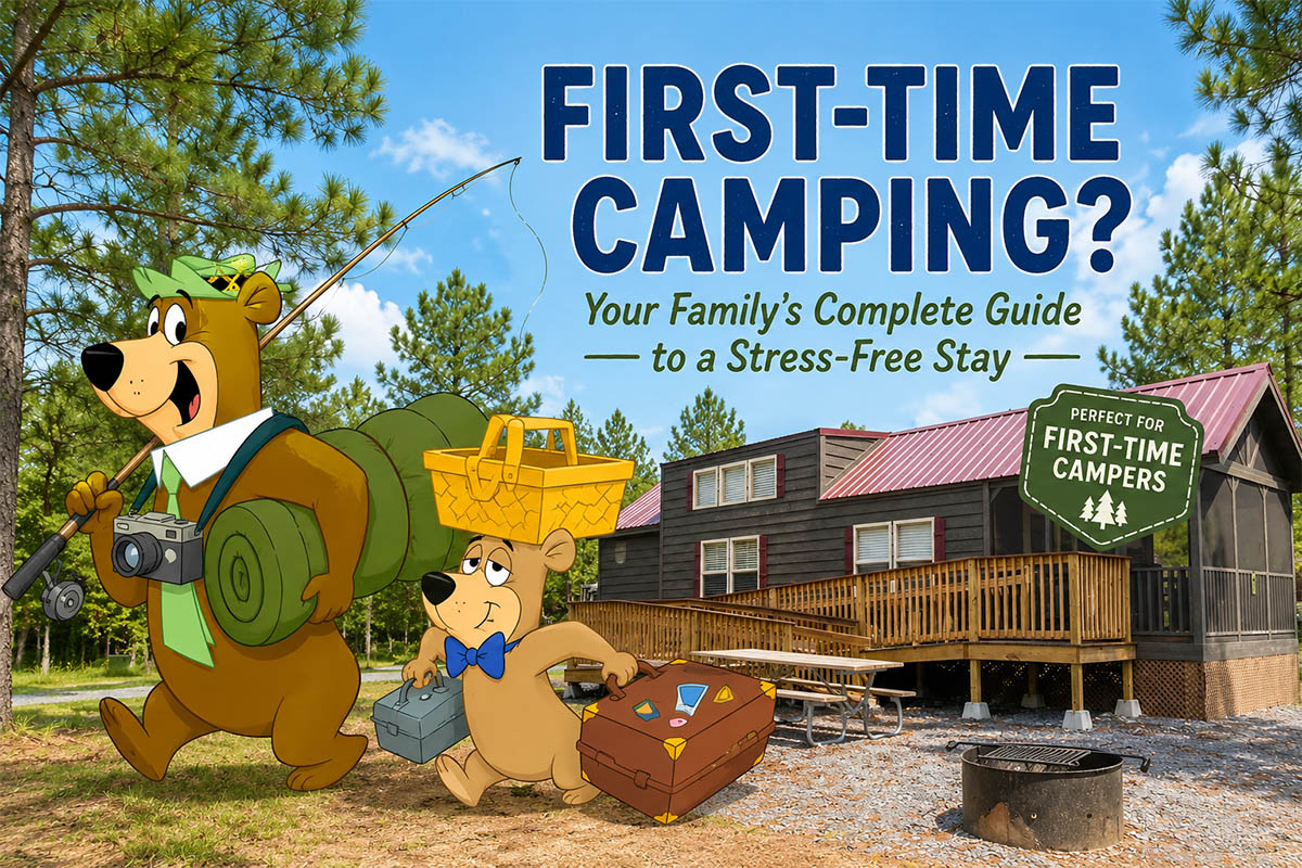 Yogi Bear and Boo Boo arriving at a cabin for a first-time family camping adventure at Yogi Bear's Jellystone Park Camp-Resort in Asheboro, North Carolina