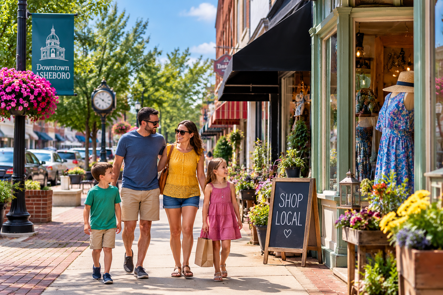 Explore Downtown Asheboro NC Illustration of shopping and dining in downtown Asheboro, North Carolina