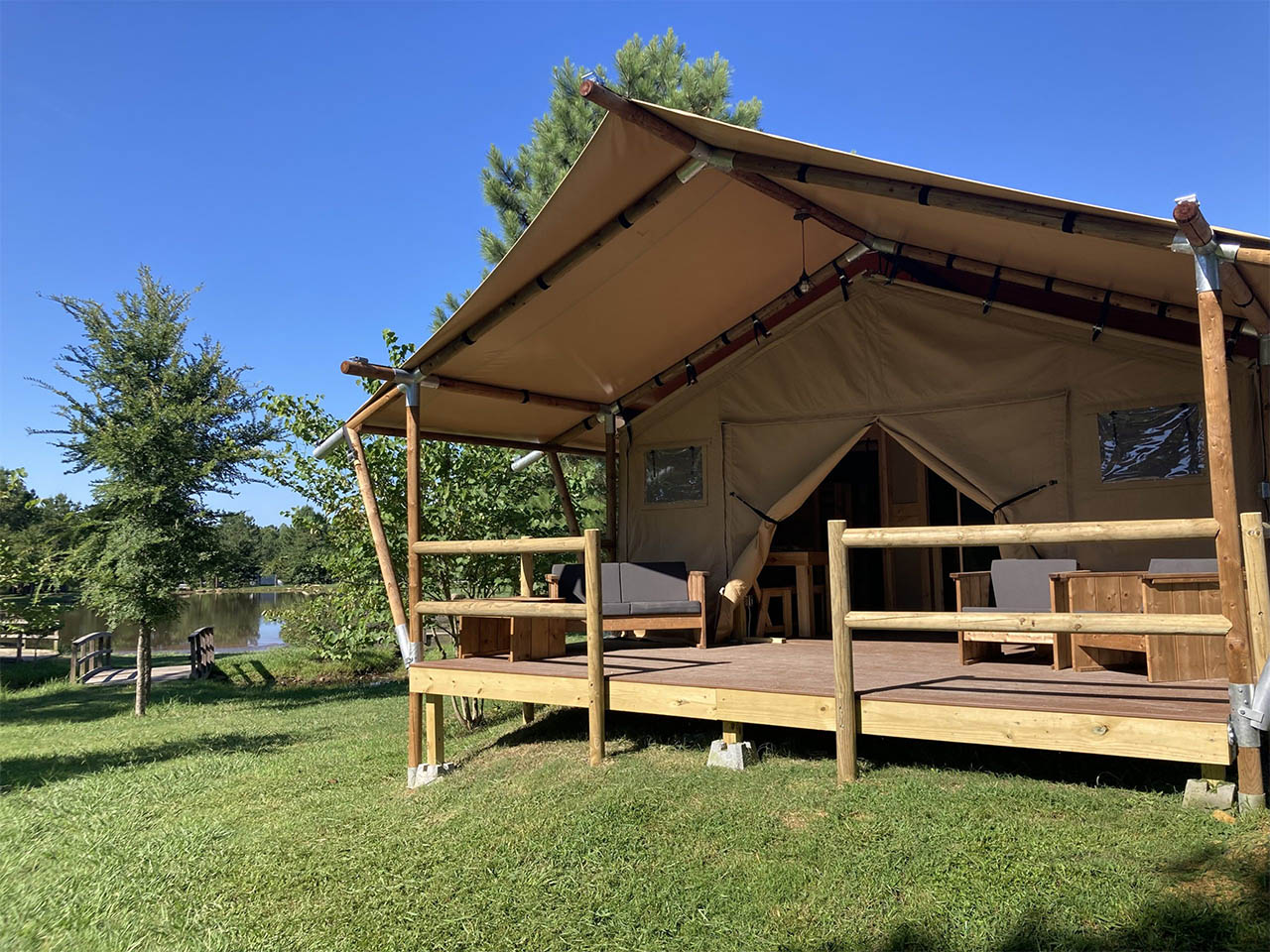 Glamping tent overlooking the campground at Asheboro Jellystone Park