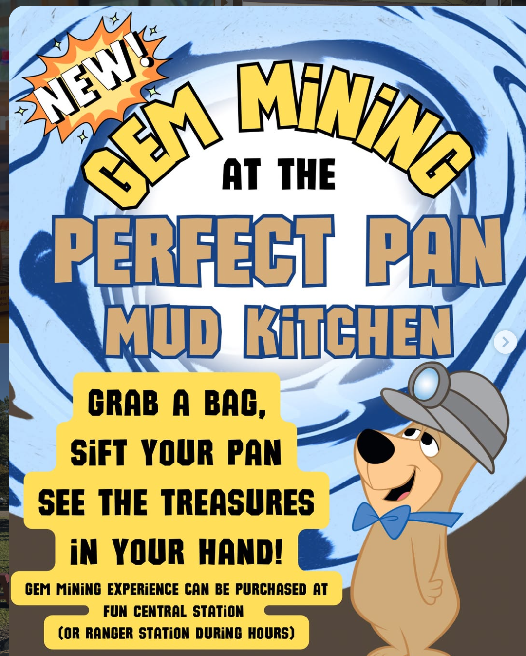 Perfect Pan Mud Kitchen and gem mining attraction information at Jellystone Park Asheboro